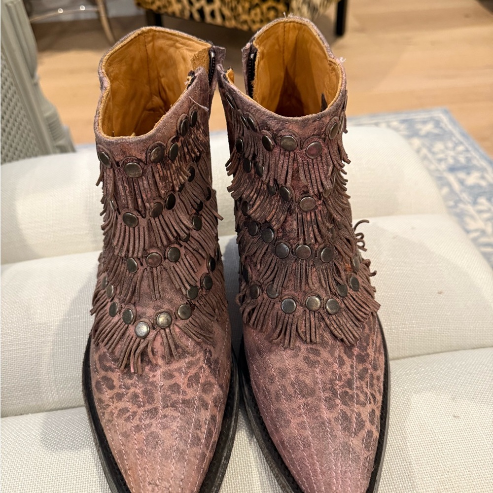 Fringed Leather Ankle Boots - Brown